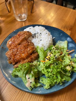 Vegan chicken chop and rice at Vspace Guesthouse and Cafe in Malacca