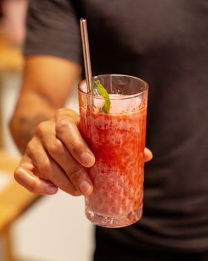 Strawberry smoothie with strawberry, banana and soy milk at Asante in Barcelona