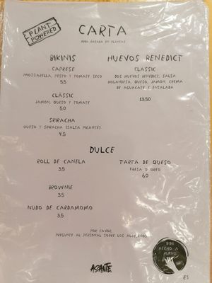Menu at Asante in Barcelona