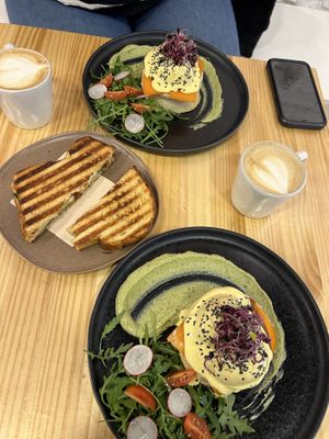 Dirty chai, Eggs Benedict and a Mozzarella, Pesto and sundries tomato grilled sandwich   at Asante in Barcelona