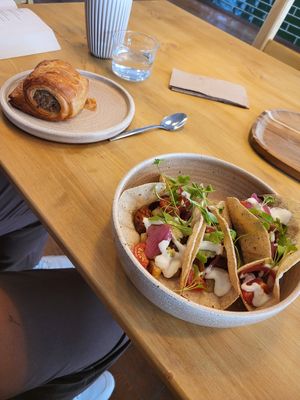 Sausage roll and chorizo and potato tacos (I think these were a special) at Oat and Bean in Cardiff