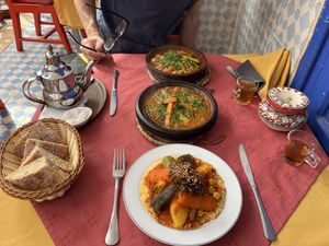 Whole spread with mint tea and complimentary bread  at La Rose Du Sud in Essaouira