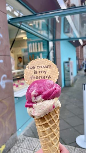 Pomegranate and cinnamon bun ice cream in a cone  at Sweet n joy  in Frankfurt
