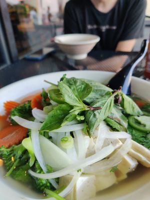 Vegan pho with cubed tofu and vegetables at Pho Real in Charlotte