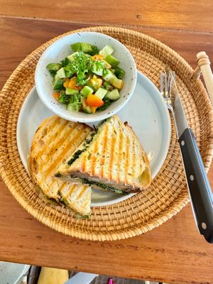 Spinach Grilled Cheese Toasty with Chopped side salad at Blessings Home & Café in Koh Phangan