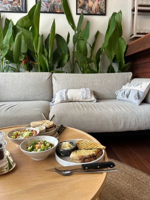 Grilled Cheese Toasty Mushrooms or Pizza in Sourdough Bread with Home-Made Pickles & Side Salad. at Blessings Home & Café in Koh Phangan