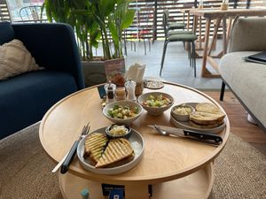 Grilled Cheese Toasty Mushrooms or Pizza in Sourdough Bread with Home-Made Pickles & Side Salad. at Blessings Home & Café in Koh Phangan