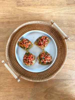 Tomato Bruschetta with Garlic, Pesto & Vegan Mozzarella  at Blessings Home & Café in Koh Phangan