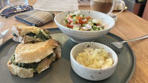 Spinach grilled cheese with small salad price at 180   at Blessings Home & Café in Koh Phangan