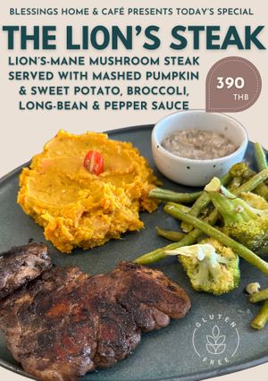 Our signature Lion's mane steak at Blessings Home & Café in Koh Phangan