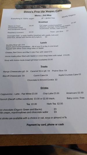 Menu at Dave's Pop Up Vegan Cafe - temporarily closed in Knoydart