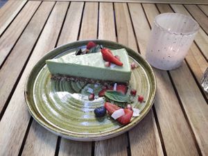 Delicious vegan white chocolate, basil, pear and lime cake.  at Soul Kitchen in Sofia