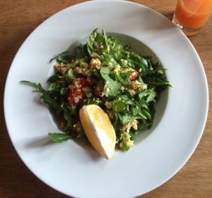 Fresh juice and mixed salad  at Soul Kitchen in Sofia