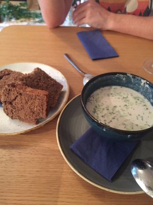 Almond milk soup with pumpkin bread at Soul Kitchen in Sofia