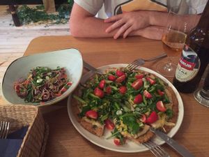 Summer pizza and noodle salad  at Soul Kitchen in Sofia