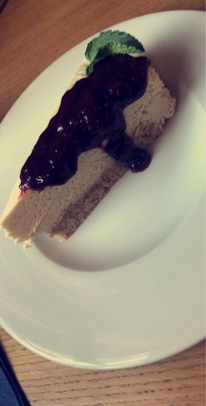 Cheesecake with massive pile of jam on it  at Soul Kitchen in Sofia