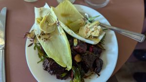 Two-salad plate: endive & artichoke and roasted sweet-potato in soy glaze at Café Petiole in London