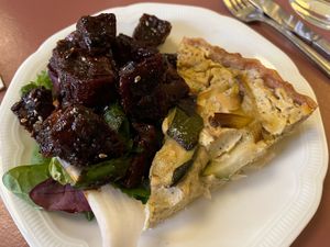 Quiche and purple sweet potatoes with Tendril soy glaze  at Café Petiole in London