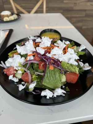 The vegan toss salad but substituted the cheese with vegan feta cheese and their house made lemon vinaigrette dressing    at Roman's Pizza House in Absecon