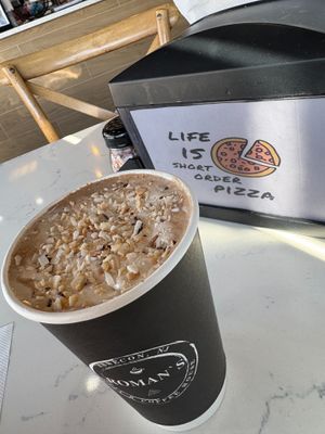 Another unique coffee drink-pistachio. Think Dubai chocolate, but in drink form! Yum. at Roman's Pizza House in Absecon