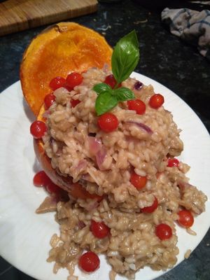 Tomatoberry risotto with vegan cheesy roastbeef! at Green Revolution in Nottingham
