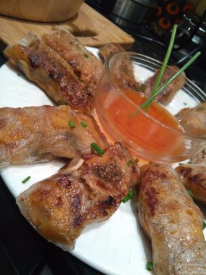 Carrot and seitan Peanut satay rice paper spring rolls  at Green Revolution in Nottingham