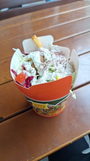 Vegan seitan doner box. Double check and ask for vegan sauce because the guy was offering any sauce to put on it at Mervan Bistro in Berlin