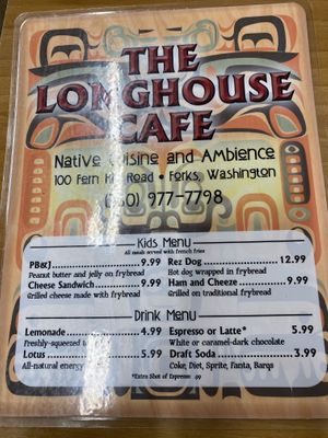 Menu side 1  at Longhouse Cafe in Forks