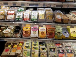 Baked/spiced tofu & other proteins at Maran Vegan in Vienna