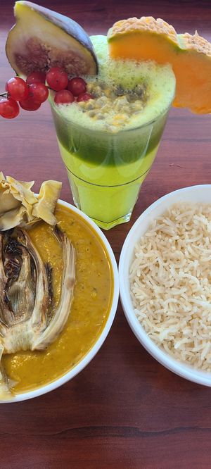 Amazing lentil soup and green drink. at Maran Vegan in Vienna