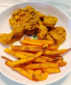 Fried Oyster Mushrooms with Sweet Potato Fries at Big Belly Vegan in Sanford