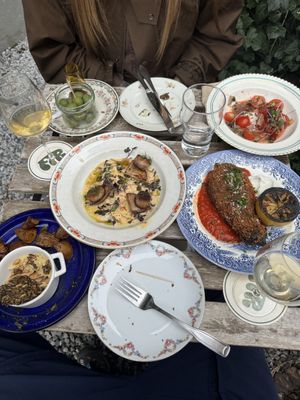 King Oyster Mushroom “scallops” and fried aubergine with ajvar-ish sauce and aioli  at Fir in Malmo