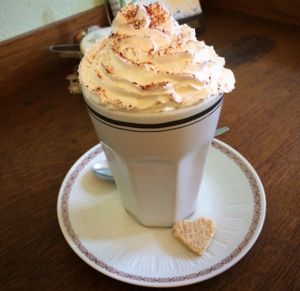 Kakao! with a cute heart cookie.  at V-Cake Cafe in Dresden