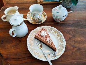 Chocolate mousse cake and tea at V-Cake at V-Cake Cafe in Dresden