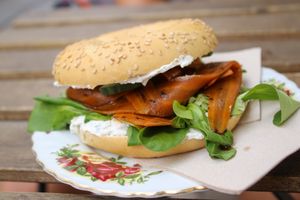 carrot lax bagel with cream cheese at V-Cake Cafe in Dresden
