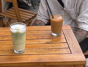 Matcha latte and ice coffee on oat milk.  at V-Cake Cafe in Dresden