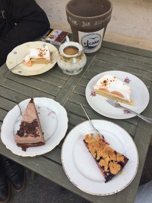 peaches and cream cake (top)
mocha cake (bottom left)
plum crumble cake (bottom right) at V-Cake Cafe in Dresden