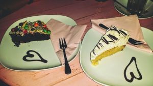 Vegan cakes: chocolate candy cake and white chocolate with marshmallows at Chaostheorie in Berlin