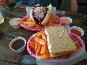 Meatball sandwich and pulled mushroom burger at Chaostheorie in Berlin
