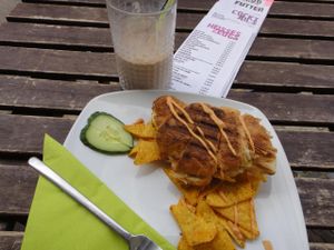 Vegan croissant with ham and cheese, nachos and thousand island dressing, plus chocolate milkshake, at Chaostheorie.  at Chaostheorie in Berlin