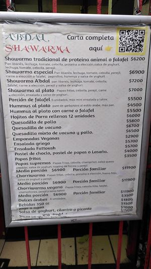 Menu at A'bdal Shawarma in Santiago