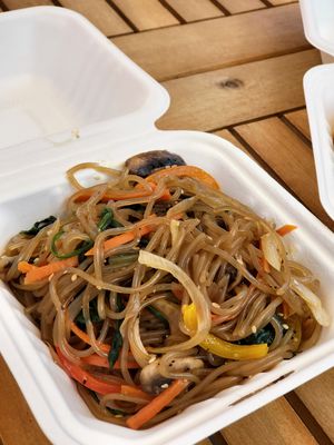 Japchae--glass noodles with onion, spinach, carrot, mushroom, and bell peppers flavored with garlic, soy sauce, and sesame oil. at Seoul Food in San Luis Obispo