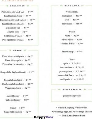 Vegan Items: pancakes (if you don't get yogurt), cinnamon buns, muffin tops, pizza (upon request), soup (usually), veggie sandwich & lentil burger (without mayo/butter), and also the bread/buns at Big Life Whole Foods Bakery in Dartmouth