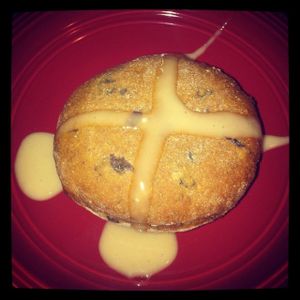 Vegan hot cross bun. I made the frosting myself.  at Big Life Whole Foods Bakery in Dartmouth