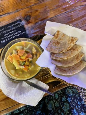Delicious yellow curry with roti bread   at Lanna Square Vegan in Chiang Mai