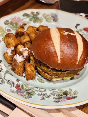 Lentil burger with potatoes   at Tiny Rebels in Crete