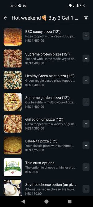 Pizza menu at Lala's Recipes Kenya in Nairobi