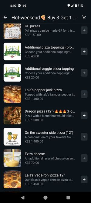 Pizza menu at Lala's Recipes Kenya in Nairobi