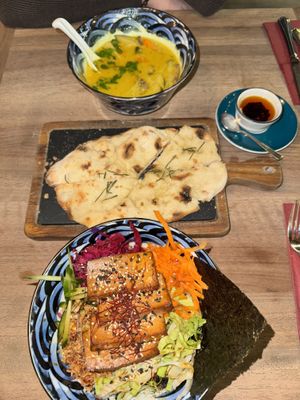 Tom Kha soup with tofu, rice bowl, pinsa apero: sourdough focaccia & homemade chili oil   at Manud in Zermatt