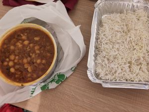 Chana masala and rice for takeout. Tastes way better than the containers make it look ;) at Tandoor in Mallorca